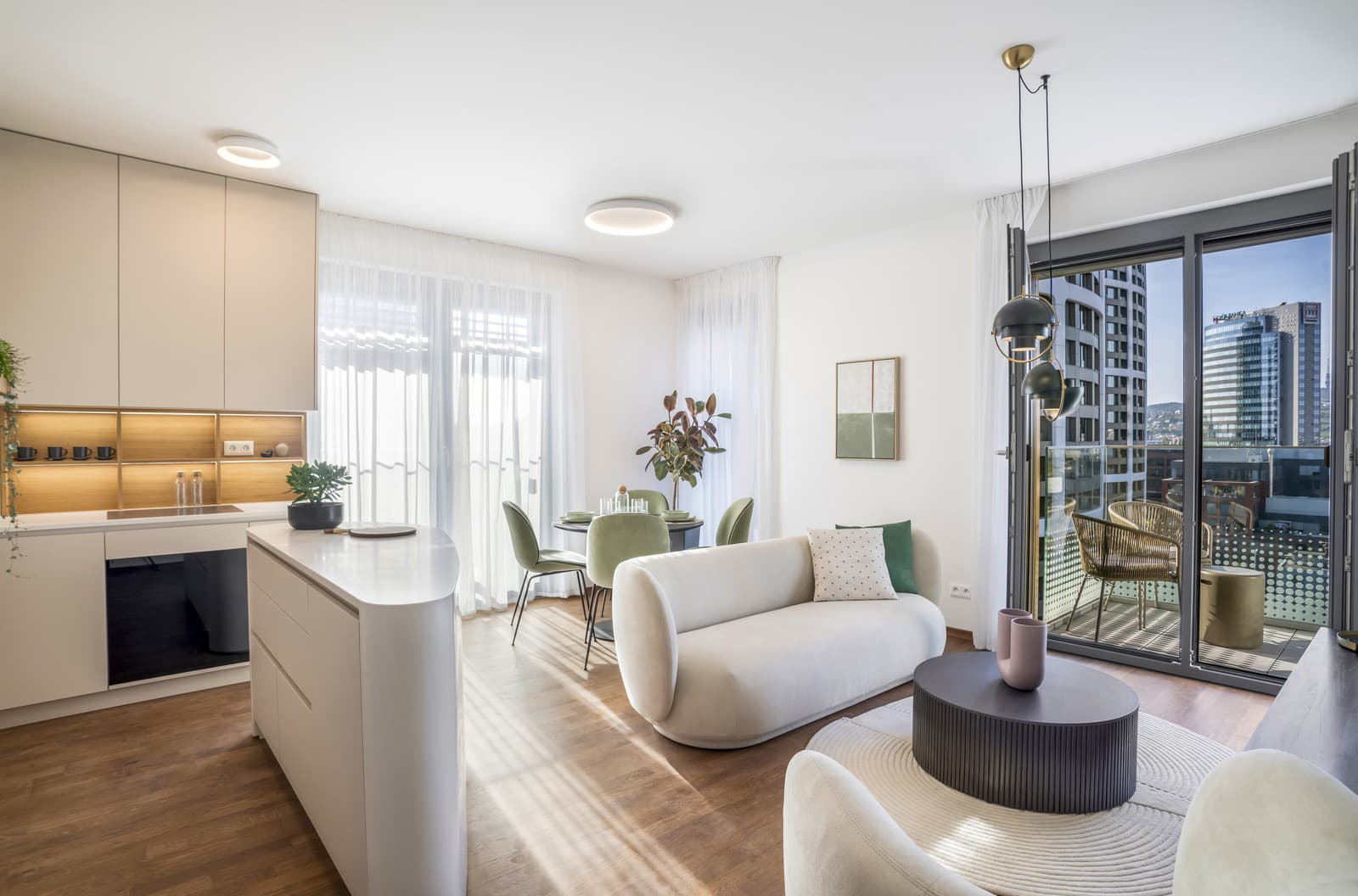 metropolis downtown bratislava vizuál vzorového bytu 3kk - kuchyňa s obývačkou